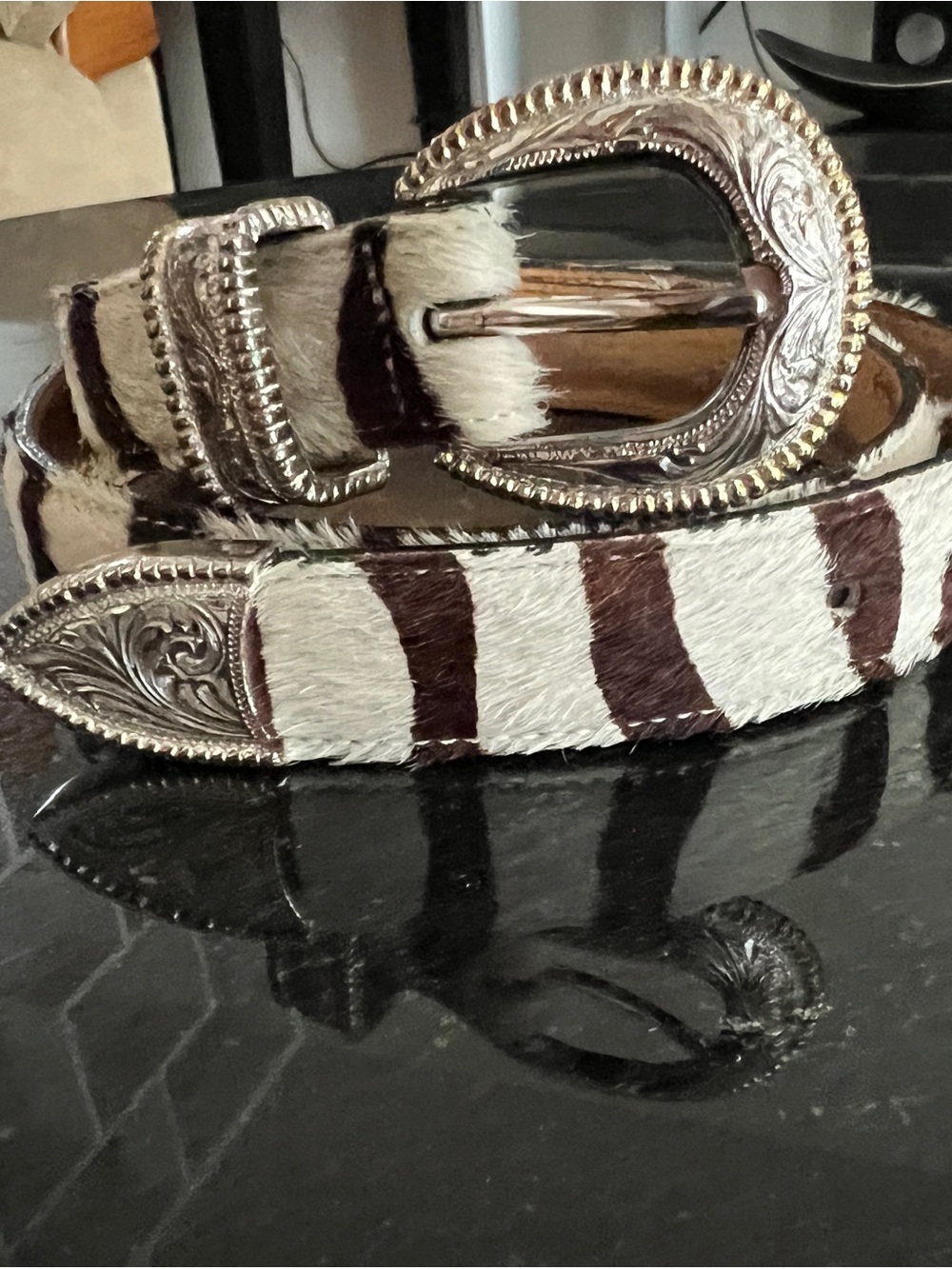 Zebra print  Haircalf Western Belt with Engraved Silver Buckle